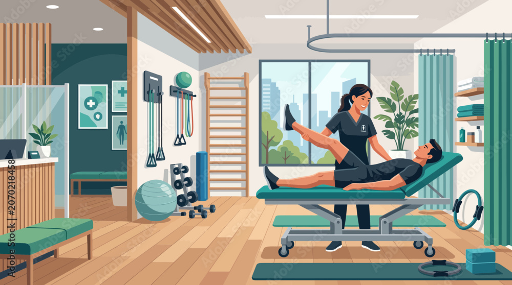 Fototapeta premium Physical therapist assisting patient with leg exercises on treatment table in modern clinic