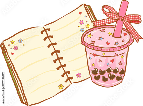 Fotografía Boba Tea Bookish, Cute Bubble Tea and Journal Bookish Hand Drawn