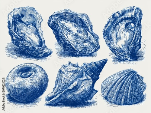 Blue line art oysters and shells collection, coastal vector illustration set 