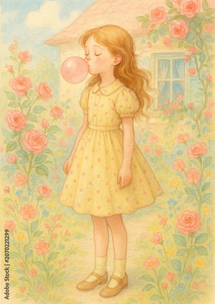 Fototapeta premium Whimsical girl blowing bubble.