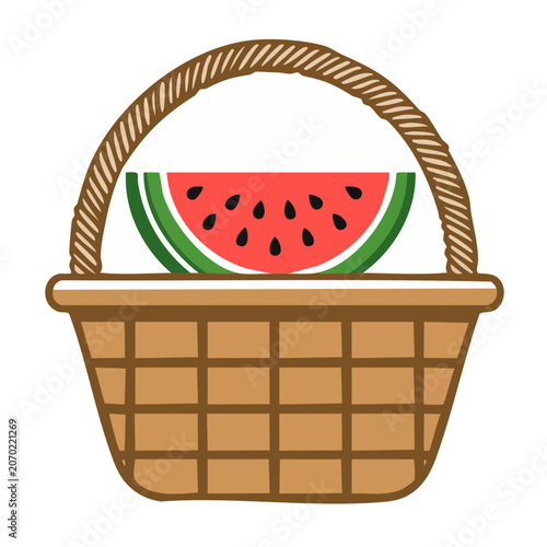 Watermelon Slice in Wicker Basket Flat Vector Illustration