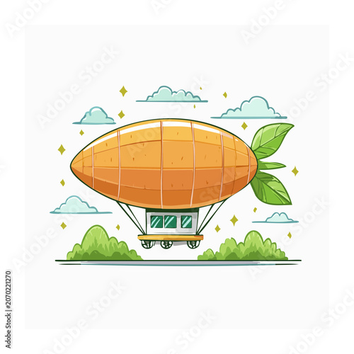Whimsical Hot Air Balloon with Green Leaves Illustration