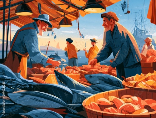 Decorative fish market illustration with seafood elements and coastal atmosphere 