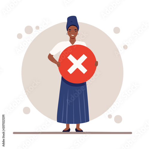 Woman holding red stop sign flat vector illustration