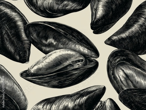 Decorative mussel shell pattern in vintage engraving style, seafood branding design 