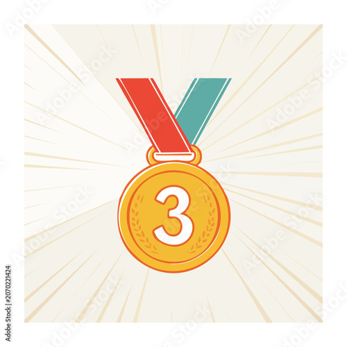Bronze medal with red and teal ribbon on sunburst pattern