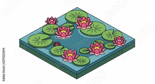 Foto Colorful isometric illustration of lily pads and pink water lilies on a pond