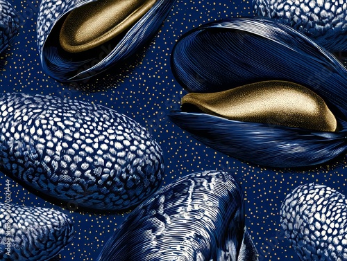Decorative mussel shell pattern in vintage engraving style, seafood branding design 