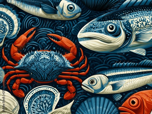 Decorative seafood pattern featuring crabs, fish and shells, seamless vector artwork 
