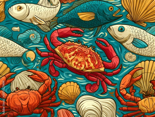 Decorative seafood pattern featuring crabs, fish and shells, seamless vector artwork 