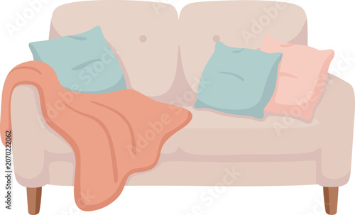 Cute Cozy Sofa Illustration, Cartoon Pastel Couch with Pillows and Blanket, Minimalist Living Room Furniture Isolated for Home Decor and Comfort Design