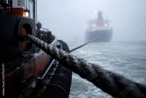 towline. A taut black towline connects a tugboat to a distant ship in morning mist. mobility guides, transit brochures, designed for mobility and urban transit guides, used by bi analysts.