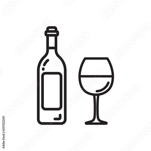 Vector champagne bottle with glass icon. Flat illustration of champagne isolated on white background. Icon vector illustration sign symbol.
