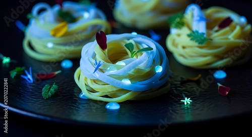 Colorful Dessert Nests with Iced Frosting on Dark Plate.