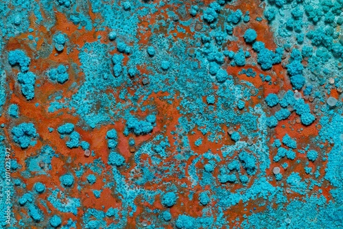 Photography Vibrant oxidized copper texture with turquoise patina formations and rusted metal surface