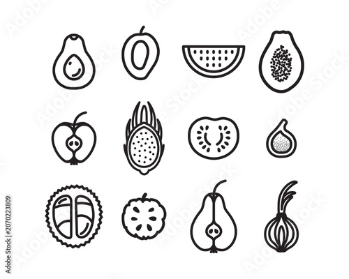 Vector fruits and vegetables set icons. Flat illustration of cut in half isolated on white background. Icon vector illustration sign symbol.
