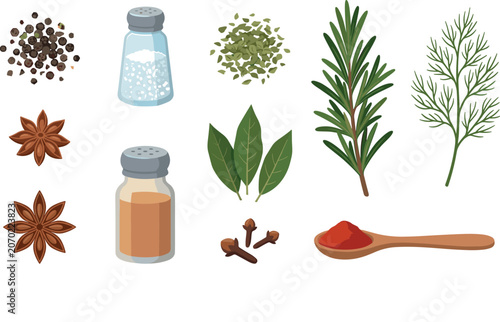 Culinary Herbs and Spices Icon Set with Rosemary Dill Star Anise Salt and Pepper Shakers for Cooking Recipe Blogs and Kitchen Product Label Designs
