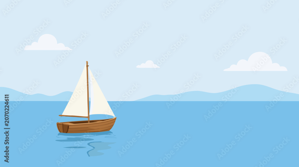 Naklejka premium Small wooden sailboat with a white sail drifting on calm flat blue water with distant mountains in a serene flat vector illustration ideal for travel sailing and leisure themes.
