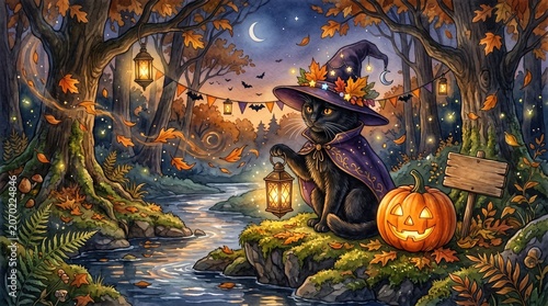 Black cat in a witch hat holds a lantern in a magical Halloween forest with pumpkins and ghosts. Ideal for festive, spooky, or autumn-themed design projects.