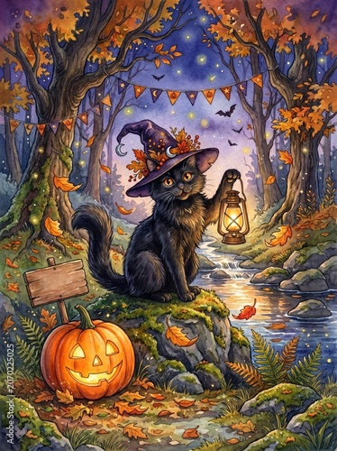 Black cat in a witch hat holds a lantern in a magical Halloween forest with pumpkins and ghosts. Ideal for festive, spooky, or autumn-themed design projects.