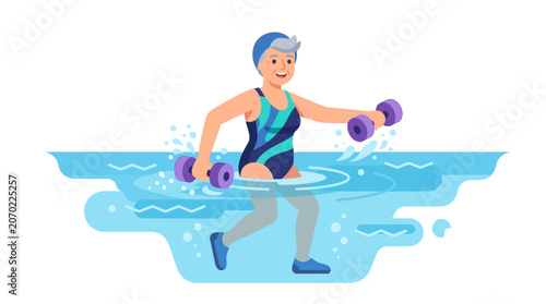 Active senior woman performing water aerobics with purple dumbbells in a swimming pool flat vector illustration
