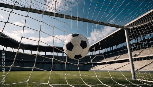Soccer ball hitting the back of the net during a stadium match with football
