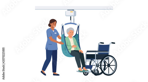 Professional caretaker assisting senior woman with medical ceiling hoist for wheelchair transfer flat design vector illustration