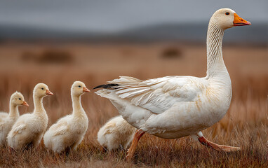Country goose family walking in a field white geese with goslings  wildlife photography