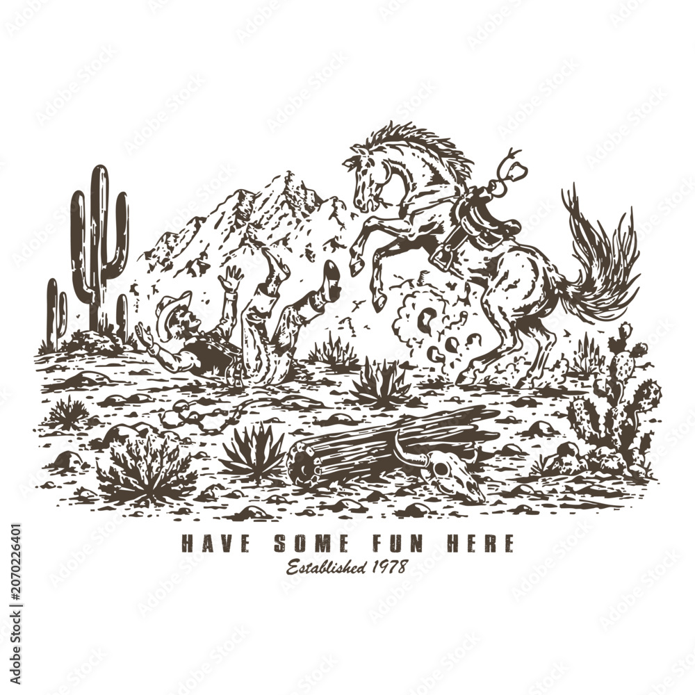 Fototapeta premium Cowboy Falling off a Rearing Stallion Horse in Desert Landscape Illustration