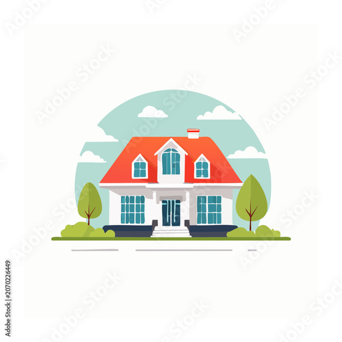 Flat design illustration of a suburban house with red roof