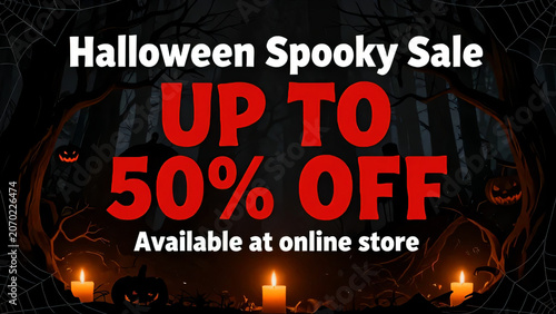Halloween spooky sale promotion banner with pumpkin silhouettes, halloween