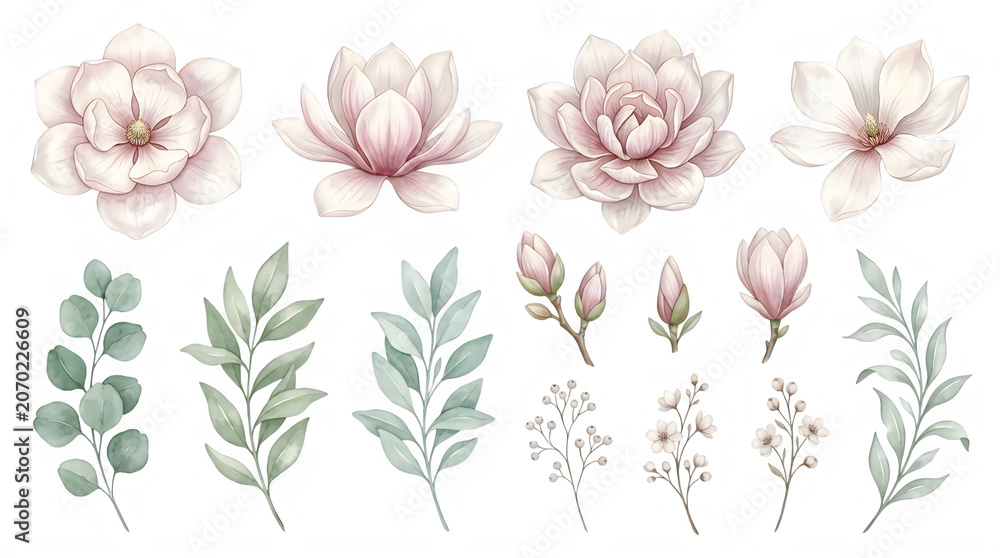 Fototapeta premium Watercolor floral elements with pink flowers and green leaves isolated on transparent background