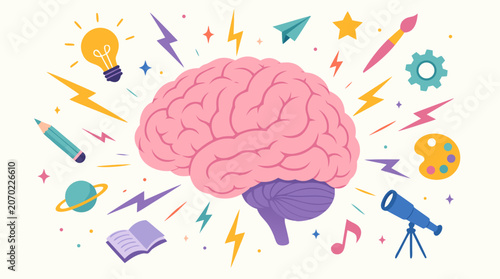 A clean flat vector illustration of a giant brain shooting lightning bolts of creative energy and ideas on a light background, ideal for innovation think tank branding, creative agency portfolios, and
