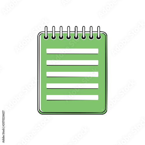 Green spiral notebook with lined pages, flat vector illustration
