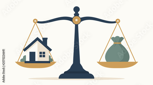 A clean flat vector illustration of abstract scales of justice balancing a house and a money bag on a light background, ideal for real estate law firms, mortgage advisory branding, and property invest
