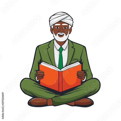 Man in suit reading book, flat vector illustration