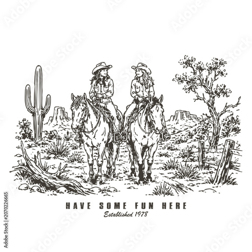 Tableau sur toile Two Cowgirls Riding Horses through a Desert Ranch Landscape Illustration