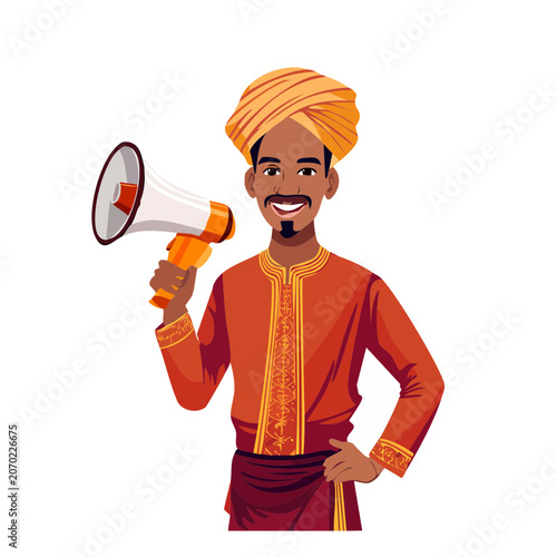 Man in traditional attire holding a megaphone, vector illustration