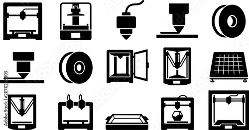 3D Printer and Additive Manufacturing Silhouette Icon Set