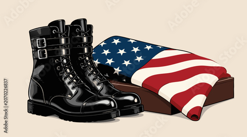 A clean flat vector illustration of military combat boots placed beside an American flag on a light background, ideal for patriotic event materials, veterans day campaigns, and military tribute design
