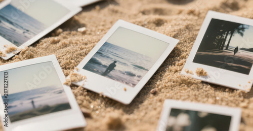 Multiple seaside polaroid photos scattered on beach sand, warm soft light vintage nostalgic vacation atmospheric still life photography material
