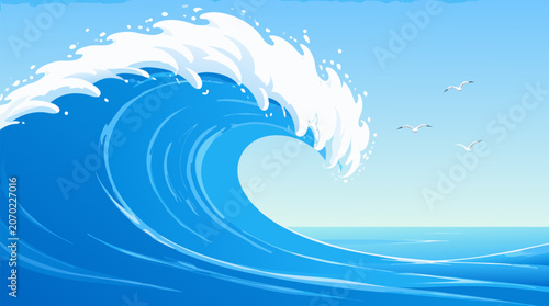 A clean flat vector illustration of a massive blue ocean wave curling gracefully against a light background, ideal for surf brand identity, environmental awareness campaigns, and coastal lifestyle mar