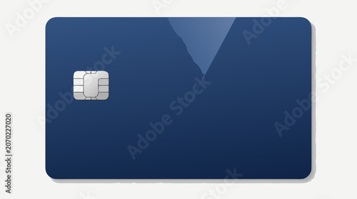 A clean flat vector illustration of a sleek modern dark blue credit card with a metallic microchip on a light background, ideal for banking product advertisements, payment solution branding, and finte