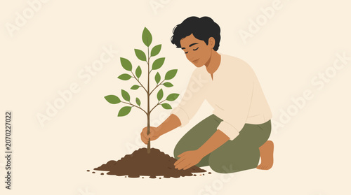 A clean flat vector illustration of a person gently planting a small tree sapling into fertile soil on a light background, perfect for environmental charity campaigns, sustainability brand messaging, 