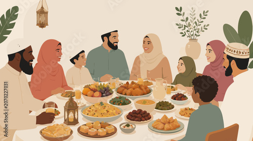 A clean flat vector illustration of a Muslim family gathered joyfully around a feast table on a light background, ideal for Ramadan and Eid celebration marketing, Islamic cultural editorial art, and m
