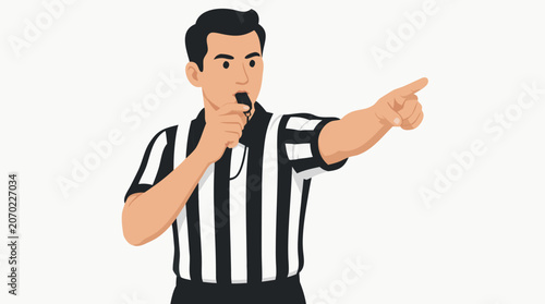 A clean flat vector illustration of a referee in a striped uniform blowing a whistle and pointing decisively forward on a light background, suitable for sports broadcast graphics, football event brand