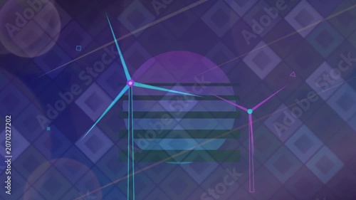 Abstract Motion Background with Rotating Wind Turbines and Neon Shapes