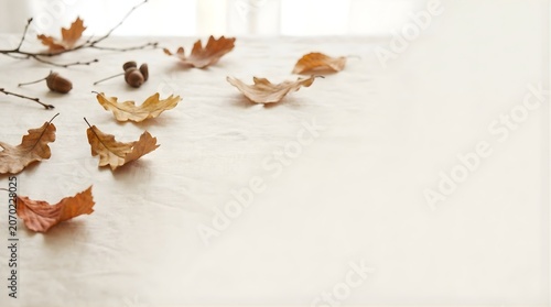 Autumn leaves and acorns scattered on a white wooden surface.