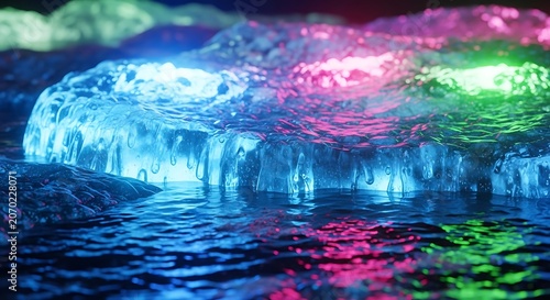 Colorful Ice Cave With Neon Lights Reflections.