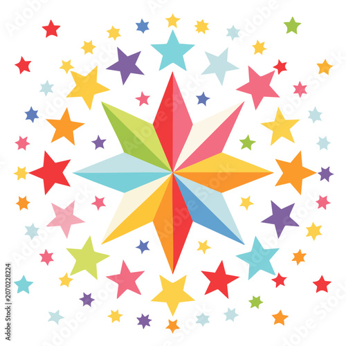 Colorful starburst with scattered stars vector illustration